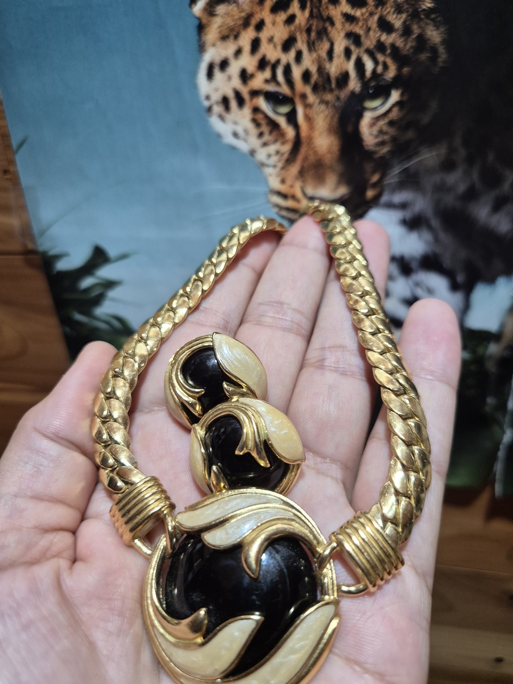 Trifari Gold-Tone Necklace with Black and Cream Enamel Orbs